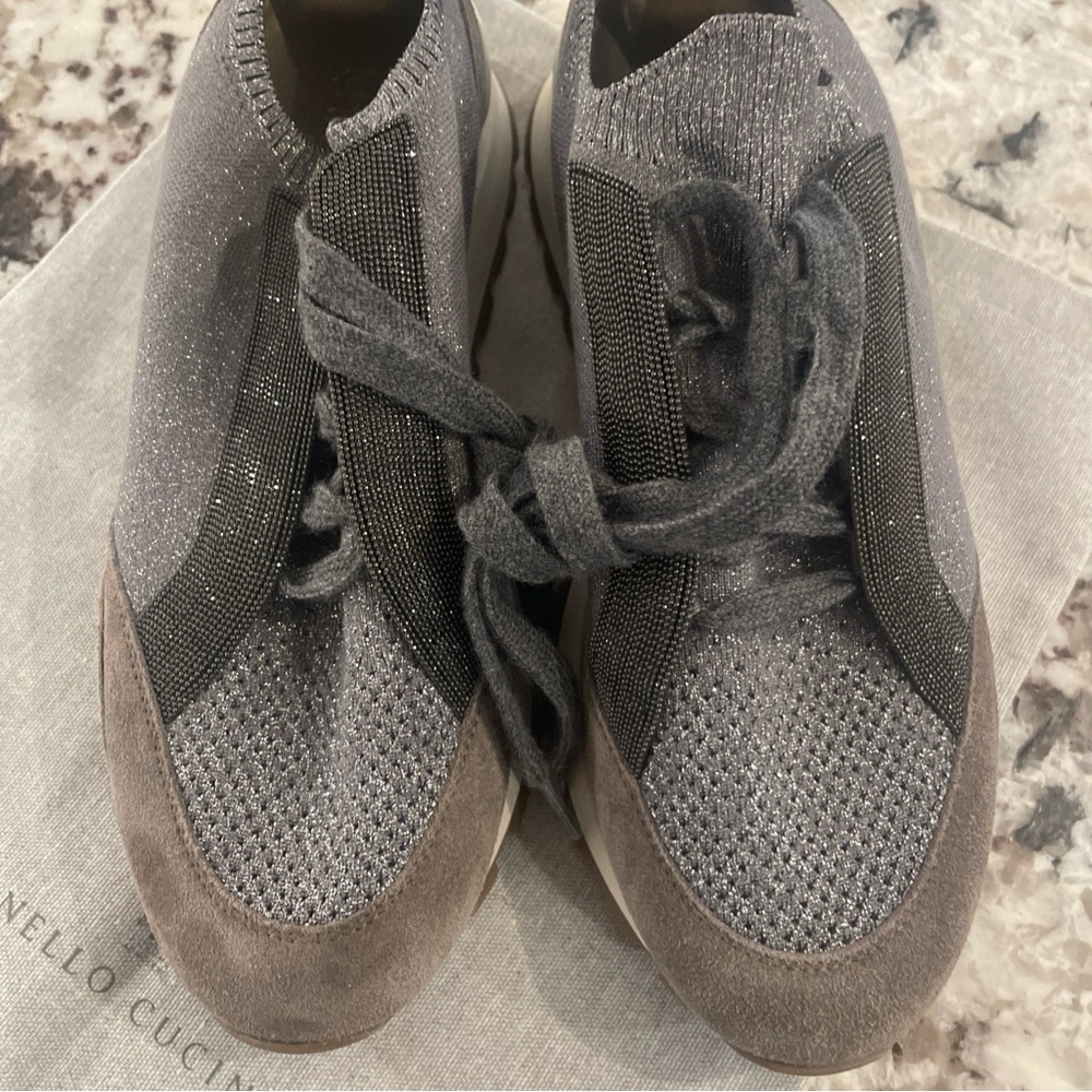 Brunello Cucinelli Gray Women’s Monili Suede Sneakers - Picture 3 of 6